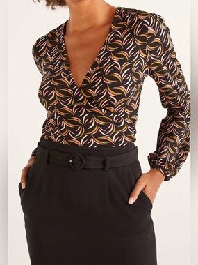 Boden Elodie Jersey Knit Faux Wrap Top Long Sleeve Shirt Black Pattern Size 2